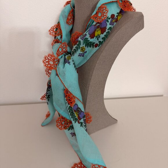 Collectable Traditional Vintage Turkish 40s-50s Oya Scarf Blue & Peach - Picture 3 of 6